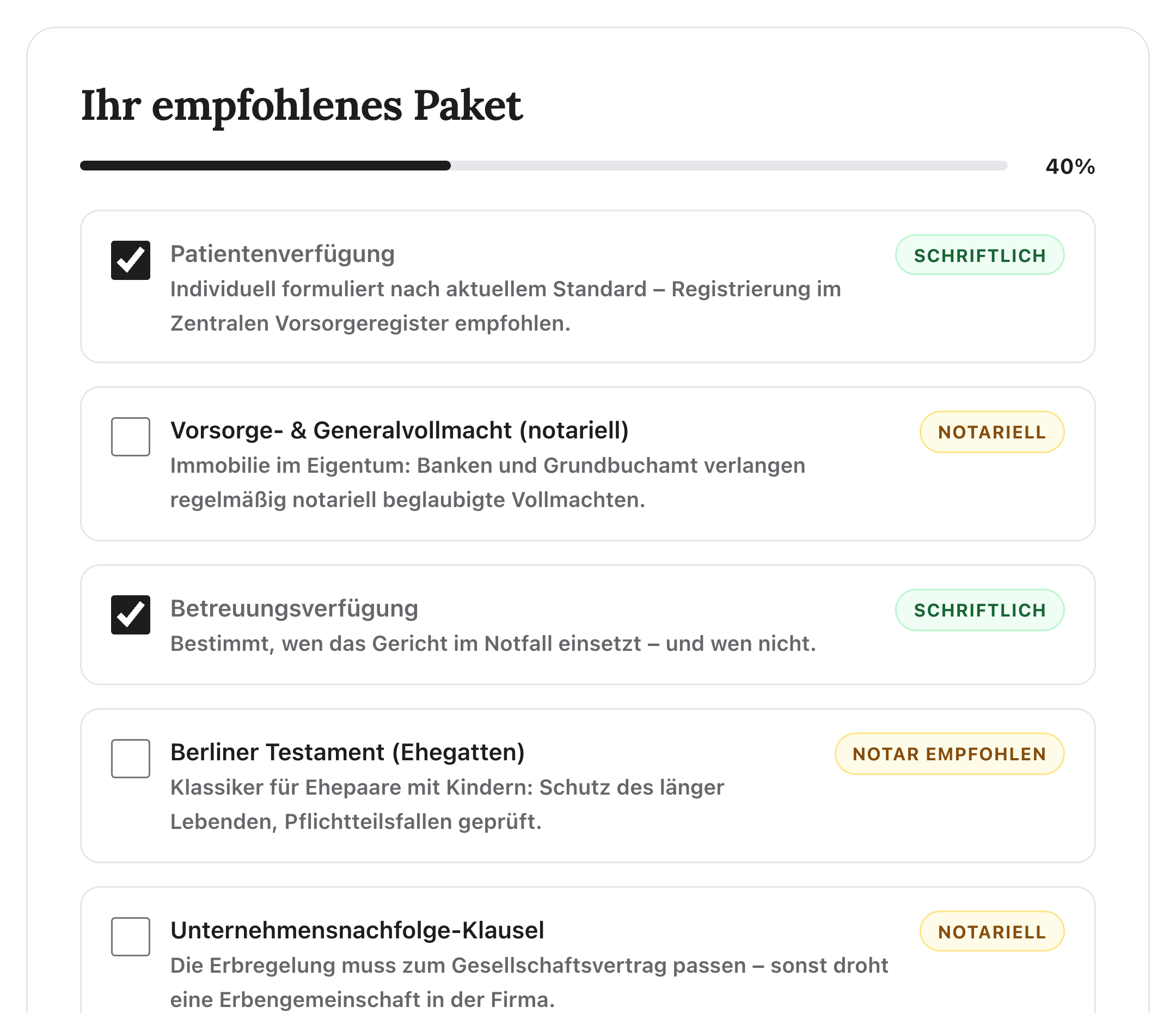 Empfohlenes Vorsorgepaket in ErbKlar: Patientenverfügung und Betreuungsverfügung erledigt, Vorsorgevollmacht, Berliner Testament und Unternehmensnachfolge-Klausel offen – jeweils mit der empfohlenen Form.